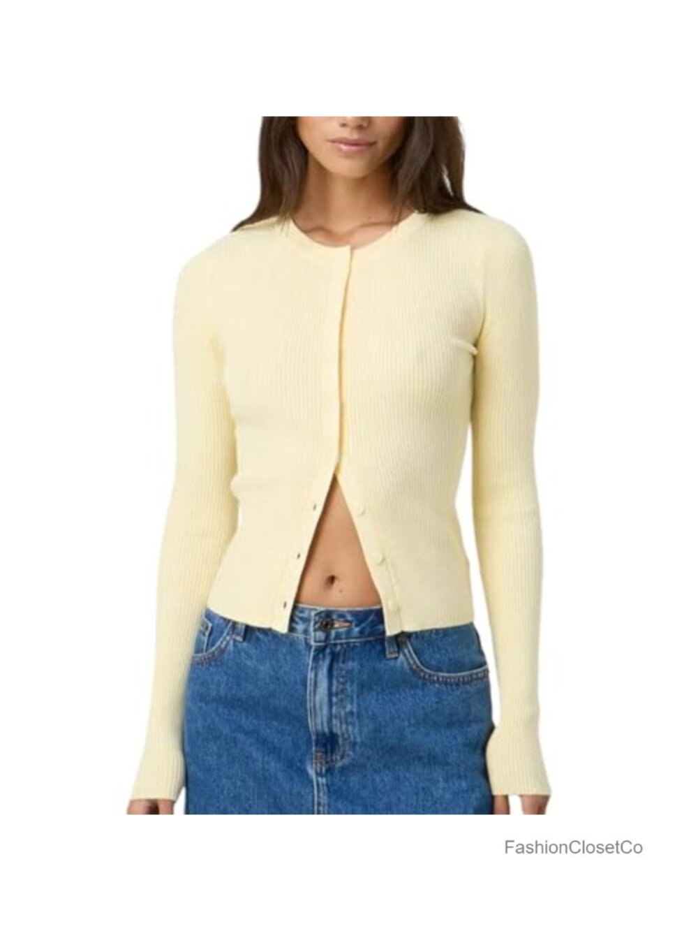 Women Ribbed Button Up Cardigan Y2K Slim Fit Long Sleeve Crew Neck Fall